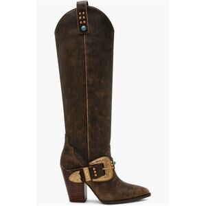 Steve Madden Lasso Knee High Boots 9.5 NWOT Western Buckle Brown Turquoise